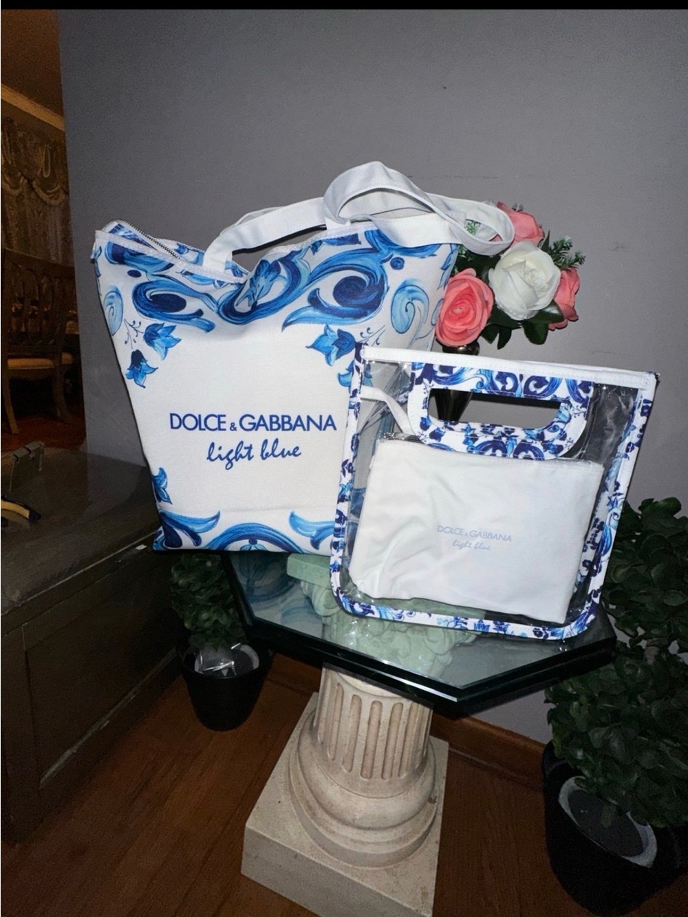 Dolce & Gabbana White and Blue Light Blue Floral Tote Set